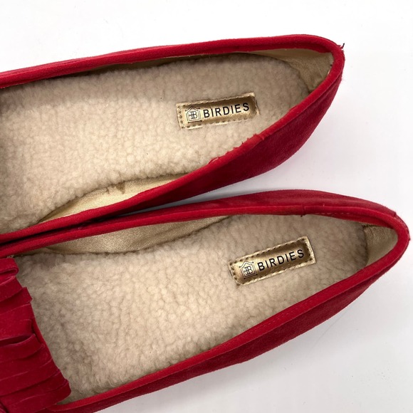 BIRDIES Red Cardinal Suede Flat Womens 9.5 Kiltie Fringe Faux Fur Lined Loafer - Picture 8 of 14